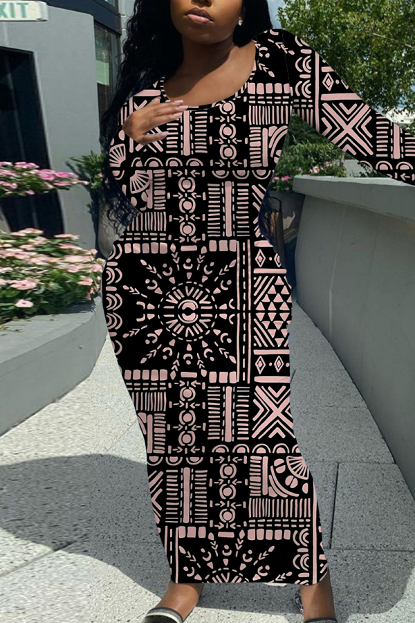 Black Pink Casual Geometric Print Contrast O Neck One Step Skirt Dresses