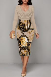 Bare Color Casual Geometric Print Contrast V Neck Printed Dresses