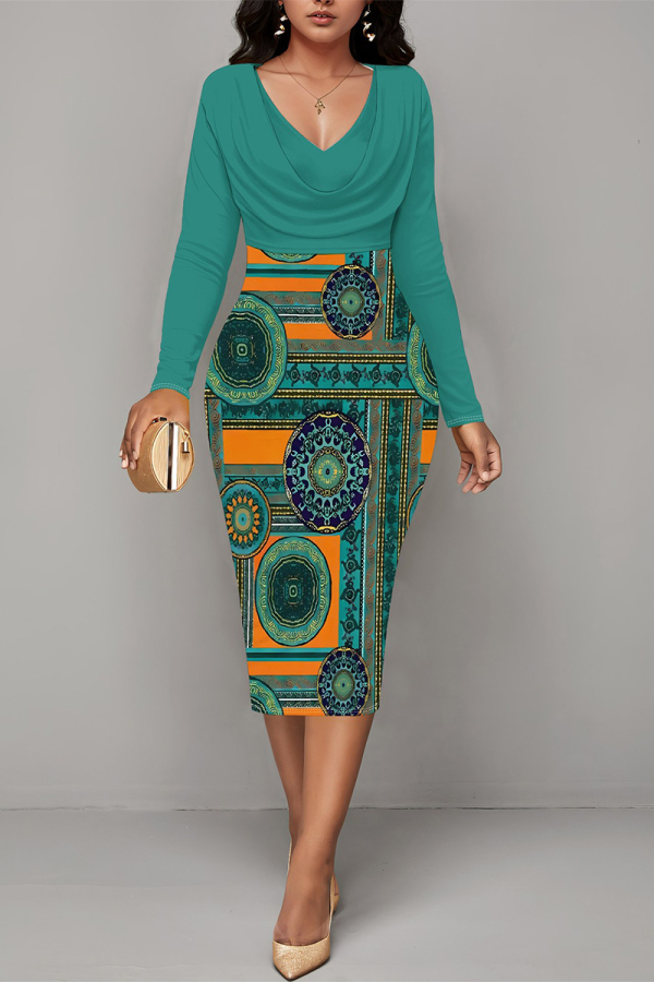 Turquoise Casual Geometric Print Contrast V Neck Printed Dresses