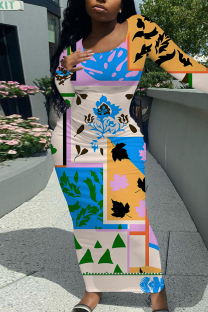 Apricot Casual Geometric Print Contrast O Neck One Step Skirt Dresses