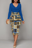 Turquoise Casual Geometric Print Contrast V Neck Printed Dresses