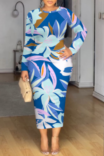 Blue Elegant Floral Print Tie Dye Contrast O Neck Printed Dresses