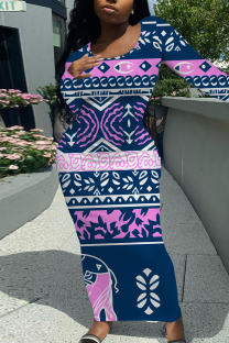 Dark Blue Casual Geometric Print Contrast O Neck One Step Skirt Dresses