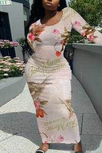 Apricot Elegant Floral Print Contrast O Neck One Step Skirt Dresses