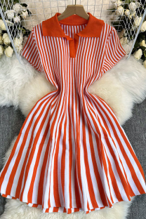 Tangerine Red Casual Stripe Patchwork V Neck Printed Dresses