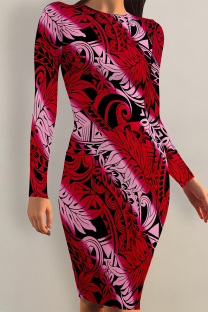 Red Pink Elegant Floral Print Butterfly Stripe Contrast O Neck Printed Dresses