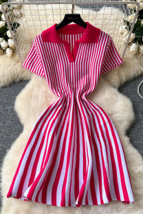 Rose Red Casual Stripe Patchwork V Neck Printed Dresses