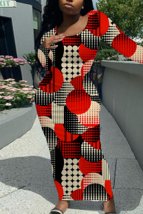 Red Elegant Geometric Print Flowers Contrast O Neck One Step Skirt Dresses