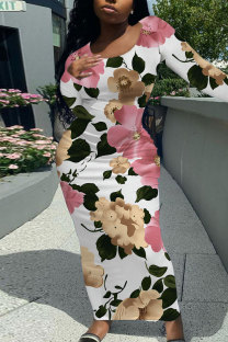White Elegant Floral Print Contrast O Neck One Step Skirt Dresses