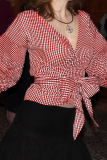 Black Casual Plaid Patchwork Strap Design Deep V Neck Tops