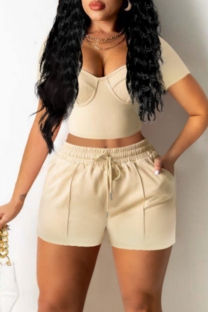 Khaki Casual Solid Color Basic Square Neck Short Sleeve Two Pieces