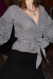 Black Casual Plaid Patchwork Strap Design Deep V Neck Tops