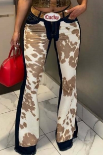 Camel Casual Print Patchwork Mid Waist Regular Denim Jeans
