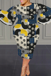 Blue Yellow Casual Print Patchwork O Neck Long Plus Size Dresses