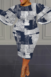 White Blue Casual Print Patchwork O Neck Long Plus Size Dresses