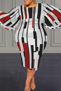 White Red Casual Print Patchwork O Neck Long Plus Size Dresses