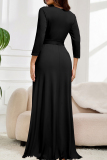 Black Casual Solid Color Patchwork Strap Design V Neck Long Plus Size Dresses