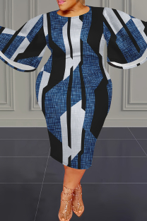Blue Casual Print Patchwork O Neck Long Plus Size Dresses