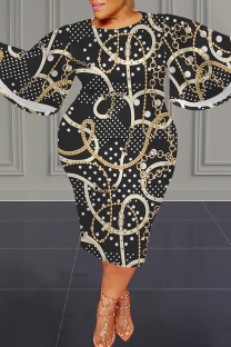 Black Gold Casual Print Patchwork O Neck Long Plus Size Dresses