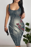 Multicolor Sexy Faux Denim Print Distressed U Neck Printed Dresses
