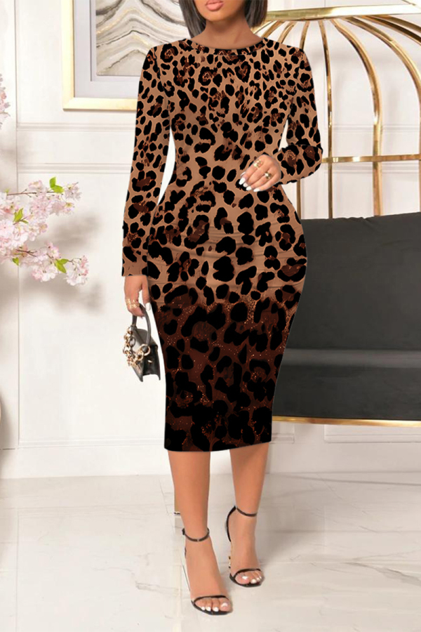 Brown Casual Floral Print Leopard Contrast O Neck Printed Dresses
