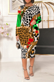 Brown Casual Floral Print Leopard Contrast O Neck Printed Dresses