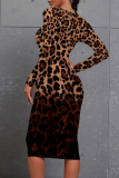 Brown Casual Floral Print Leopard Contrast O Neck Printed Dresses