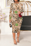 Brown Casual Floral Print Leopard Contrast O Neck Printed Dresses