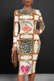 Brown Casual Floral Print Leopard Contrast O Neck Printed Dresses