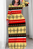 Black Brown Casual National Totem Print Pocket Contrast O Neck Printed Plus Size Dresses