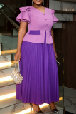 Purple Elegant Buttons Patchwork Pleated V Neck Long Dresses
