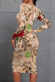 Brown Casual Floral Print Leopard Contrast O Neck Printed Dresses