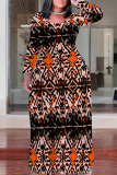Black Brown Casual National Totem Print Pocket Contrast O Neck Printed Plus Size Dresses
