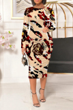 Brown Casual Floral Print Leopard Contrast O Neck Printed Dresses