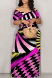 Orange Pink Sexy National Totem Geometric Print Flowers Contrast V Neck Printed Dresses