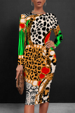 Brown Casual Floral Print Leopard Contrast O Neck Printed Dresses