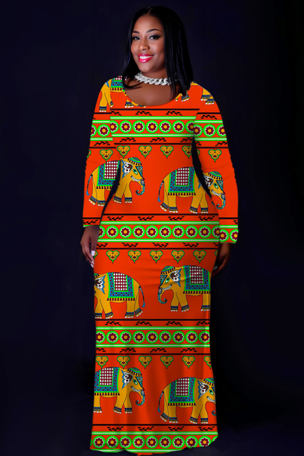 Red Casual National Totem Print Pocket Contrast O Neck Printed Plus Size Dresses