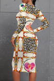 Brown Casual Floral Print Leopard Contrast O Neck Printed Dresses