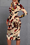 Brown Casual Floral Print Leopard Contrast O Neck Printed Dresses