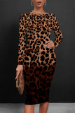 Brown Casual Floral Print Leopard Contrast O Neck Printed Dresses