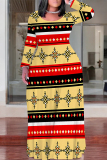Black Brown Casual National Totem Print Pocket Contrast O Neck Printed Plus Size Dresses
