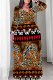Black Brown Casual National Totem Print Pocket Contrast O Neck Printed Plus Size Dresses