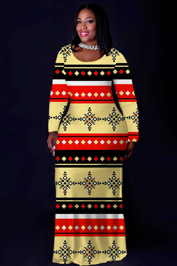 Yellow Casual National Totem Print Pocket Contrast O Neck Printed Plus Size Dresses