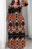 Black Brown Casual National Totem Print Pocket Contrast O Neck Printed Plus Size Dresses