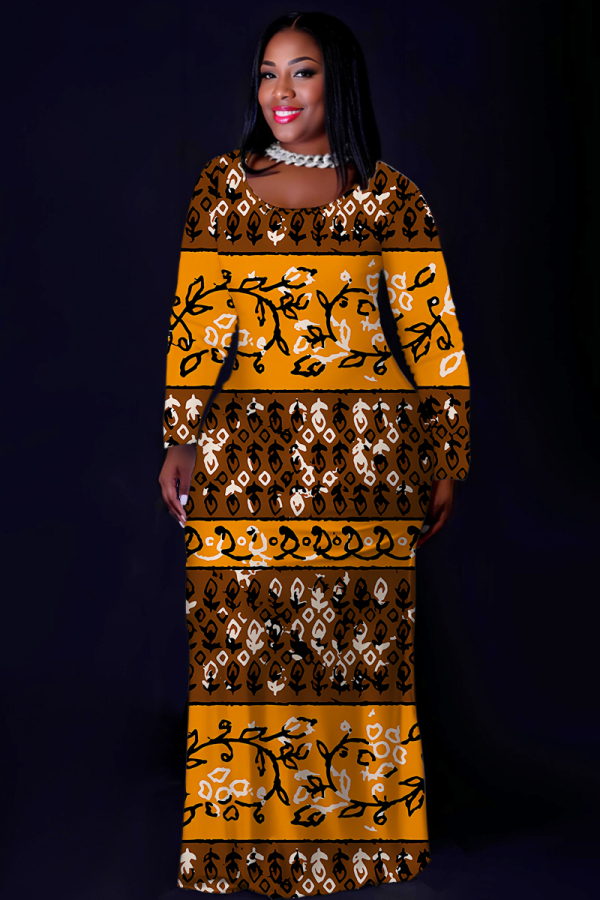 Orange Brown Casual National Totem Print Pocket Contrast O Neck Printed Plus Size Dresses