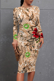 Brown Casual Floral Print Leopard Contrast O Neck Printed Dresses