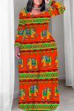 Black Brown Casual National Totem Print Pocket Contrast O Neck Printed Plus Size Dresses