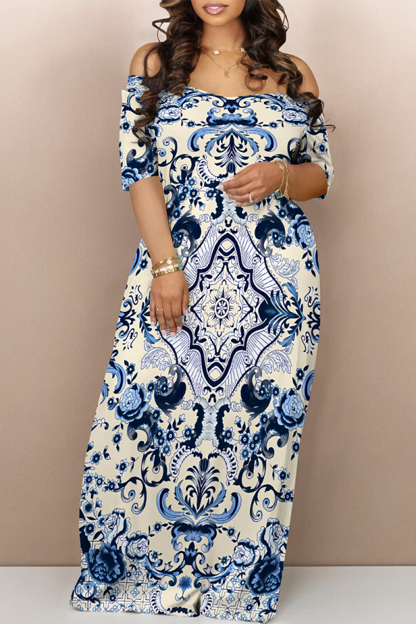 Cream White Sexy National Totem Geometric Print Flowers Contrast V Neck Printed Dresses