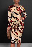 Brown Casual Floral Print Leopard Contrast O Neck Printed Dresses