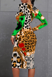 Brown Casual Floral Print Leopard Contrast O Neck Printed Dresses